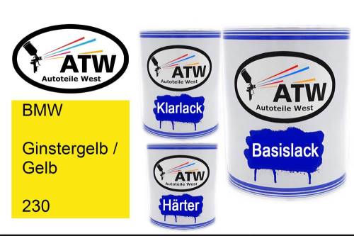 BMW, Ginstergelb / Gelb, 230: 1L Lackdose + 1L Klarlack + 500ml Härter - Set, von ATW Autoteile West.